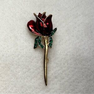 Vintage Red Enamel Rose Gold Tone with Green Rhinestones Brooch Pin